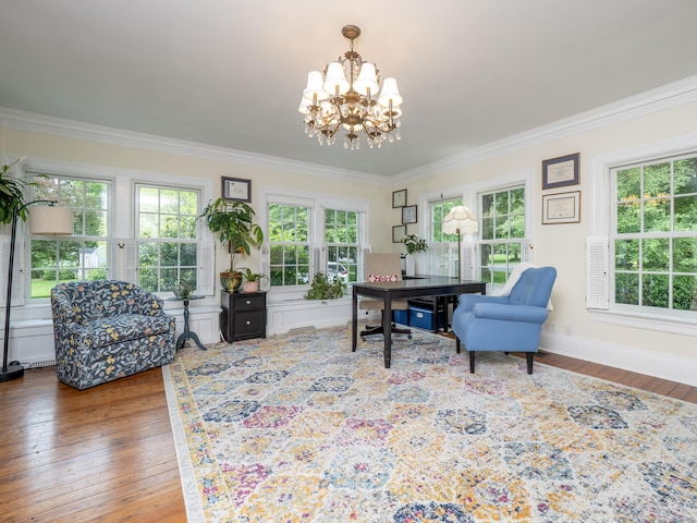 304 Main St, Ridgefield, CT 06877 - office with crown molding, healthy amount of natural light, a chandelier, wood-type flooring, and baseboards