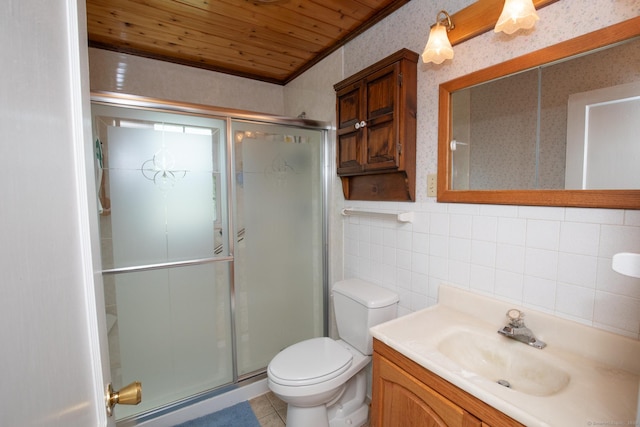 7 Cheryl Ave, Wallingford, CT 06492 - bathroom with wood ceiling, a stall shower, toilet, tile walls, and vanity