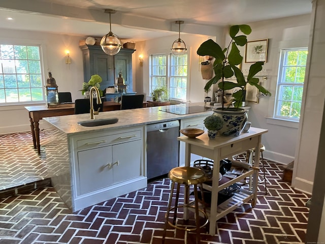 118 Sanfordtown Rd, Redding, CT 06896 - kitchen featuring stainless steel dishwasher, a sink, brick flooring, baseboards, and plenty of natural light