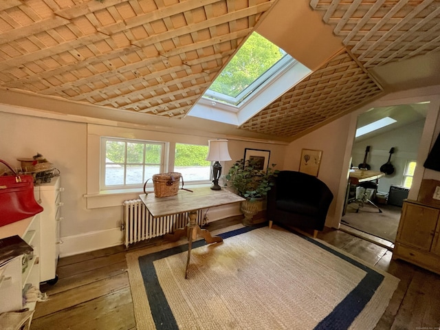 118 Sanfordtown Rd, Redding, CT 06896 - sunroom featuring lofted ceiling, a skylight, and radiator heating unit
