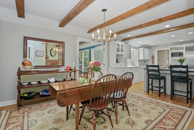 11 Ledgewood Rd, Redding, CT 06896 - dining area featuring beam ceiling, light wood-type flooring, a chandelier, and recessed lighting