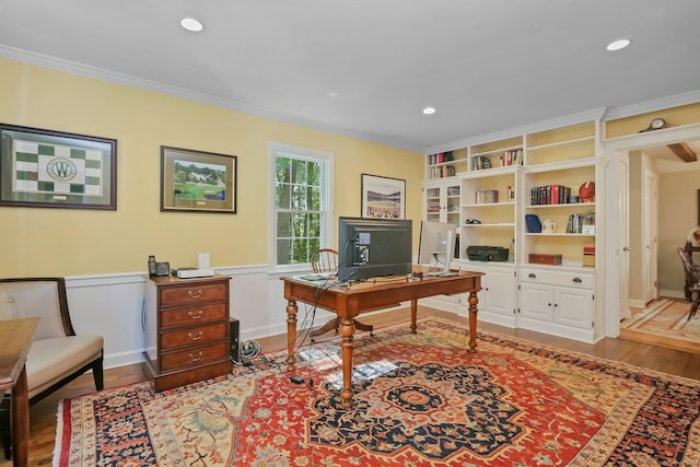 11 Ledgewood Rd, Redding, CT 06896 - home office featuring light wood-style flooring, ornamental molding, and recessed lighting