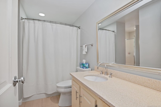 11 Ledgewood Rd, Redding, CT 06896 - bathroom with toilet, tile patterned flooring, vanity, curtained shower, and recessed lighting