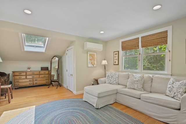 11 Ledgewood Rd, Redding, CT 06896 - living area featuring a skylight, an AC wall unit, light wood-style flooring, recessed lighting, and baseboards