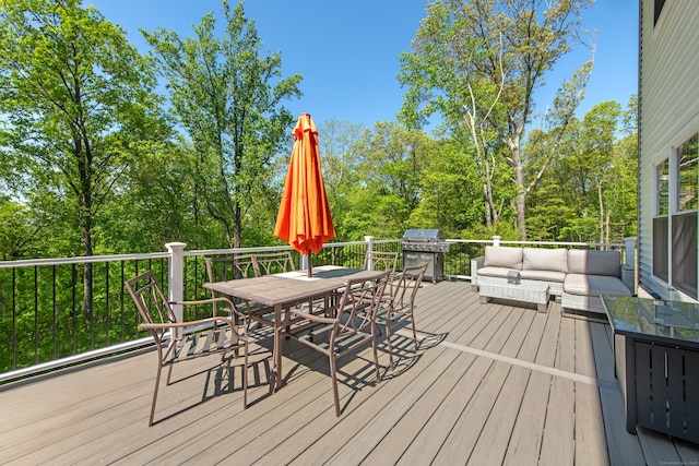 26 Hunting Ridge Rd, Brookfield, CT 06804 - wooden deck featuring outdoor lounge area, outdoor dining area, grilling area, and view of wooded area