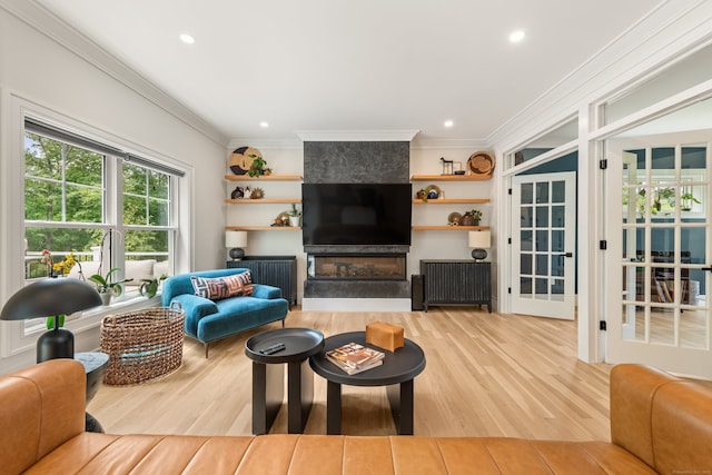 26 Hunting Ridge Rd, Brookfield, CT 06804 - living area with ornamental molding, light wood-type flooring, recessed lighting, and a large fireplace