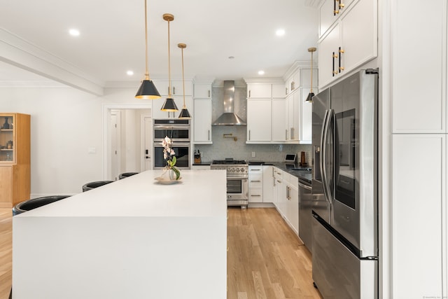 26 Hunting Ridge Rd, Brookfield, CT 06804 - kitchen featuring wall chimney exhaust hood, stainless steel appliances, ornamental molding, backsplash, and white cabinetry