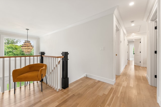 26 Hunting Ridge Rd, Brookfield, CT 06804 - hallway featuring an upstairs landing, attic access, light wood finished floors, plenty of natural light, and ornamental molding