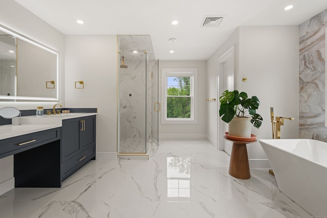 26 Hunting Ridge Rd, Brookfield, CT 06804 - bathroom featuring a marble finish shower, vanity, marble tiled flooring, a freestanding tub, and baseboards