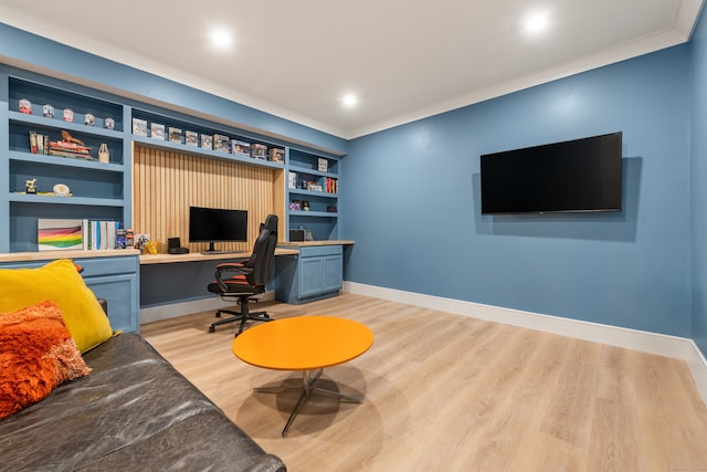 26 Hunting Ridge Rd, Brookfield, CT 06804 - office area featuring built in study area, light wood-style floors, ornamental molding, baseboards, and built in shelves