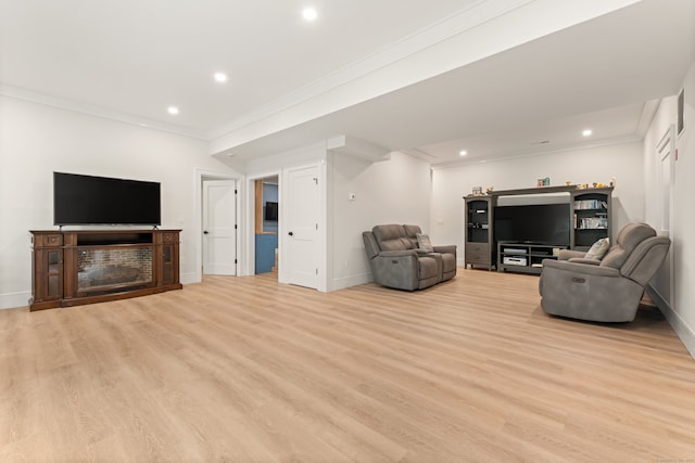 26 Hunting Ridge Rd, Brookfield, CT 06804 - living area with crown molding, light wood-type flooring, recessed lighting, baseboards, and a fireplace
