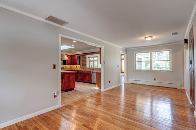 3 Clear View Dr, Mansfield, CT 06250 - unfurnished living room featuring a baseboard radiator, light wood-type flooring, healthy amount of natural light, crown molding, and baseboards