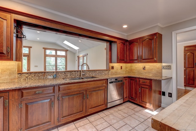 3 Clear View Dr, Mansfield, CT 06250 - kitchen with dishwasher, a sink, tasteful backsplash, a skylight, and recessed lighting