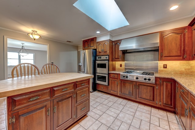 3 Clear View Dr, Mansfield, CT 06250 - kitchen featuring stainless steel appliances, wall chimney exhaust hood, wood counters, crown molding, and tasteful backsplash