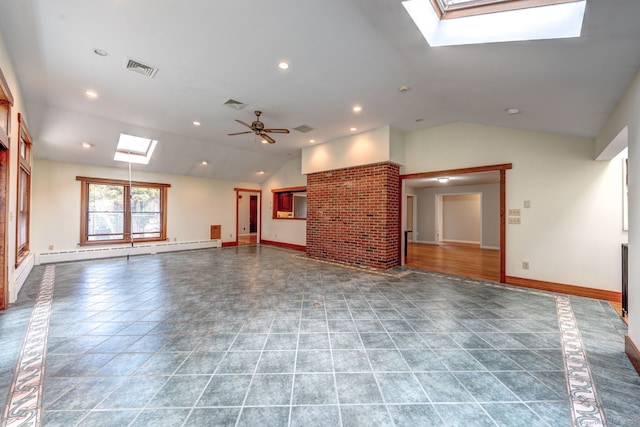 3 Clear View Dr, Mansfield, CT 06250 - unfurnished living room featuring a skylight, vaulted ceiling, a baseboard heating unit, baseboards, and a ceiling fan