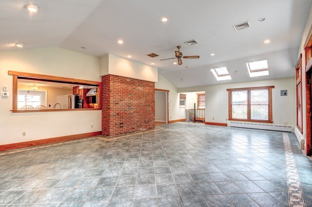 3 Clear View Dr, Mansfield, CT 06250 - unfurnished living room with vaulted ceiling, a baseboard radiator, a skylight, ceiling fan, and baseboards