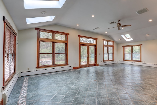 3 Clear View Dr, Mansfield, CT 06250 - unfurnished living room with a skylight, vaulted ceiling, a baseboard heating unit, recessed lighting, and french doors