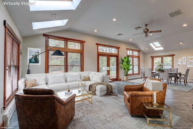 3 Clear View Dr, Mansfield, CT 06250 - living area with a skylight, lofted ceiling, baseboard heating, recessed lighting, and a ceiling fan