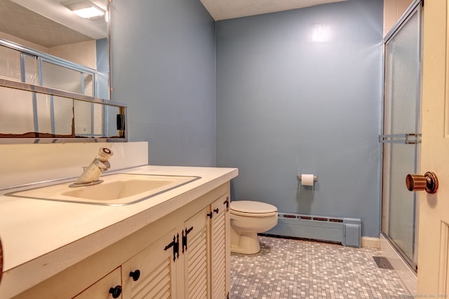 3 Clear View Dr, Mansfield, CT 06250 - full bathroom featuring a baseboard radiator, toilet, vanity, and a shower stall