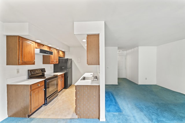 50 Aiken St Apt 465, Norwalk, CT 06851 - kitchen with black appliances, a sink, light carpet, light countertops, and under cabinet range hood