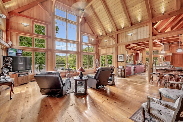 218 Kuhne Rd, Southbury, CT 06488 - living area with high vaulted ceiling, wood ceiling with exposed beams, light wood-style floors, and wooden walls