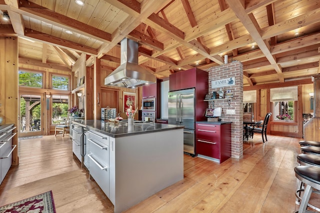 218 Kuhne Rd, Southbury, CT 06488 - kitchen featuring stainless steel counters, built in appliances, island range hood, light wood-type flooring, and wooden ceiling with exposed beams