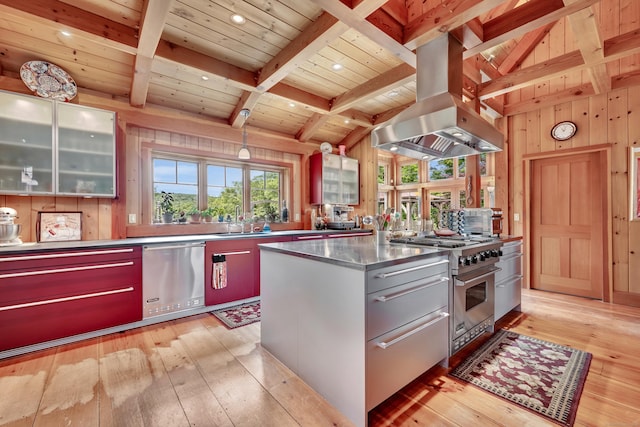 218 Kuhne Rd, Southbury, CT 06488 - kitchen featuring stainless steel counters, appliances with stainless steel finishes, wooden ceiling with exposed beams, island range hood, and light wood-type flooring
