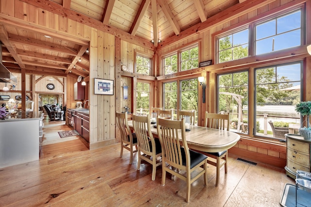 218 Kuhne Rd, Southbury, CT 06488 - dining room with high vaulted ceiling, wooden ceiling with exposed beams, light wood-style floors, and wood walls