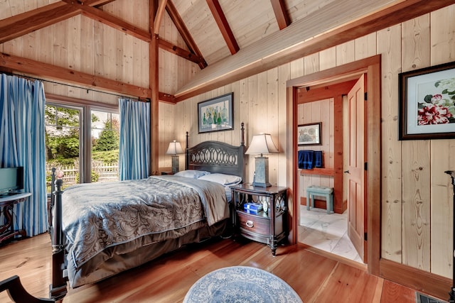 218 Kuhne Rd, Southbury, CT 06488 - bedroom with wooden walls, wood finished floors, and wooden ceiling