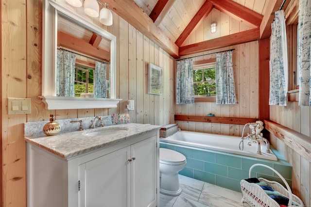 218 Kuhne Rd, Southbury, CT 06488 - full bathroom featuring toilet, a garden tub, vanity, wood walls, and marble look tiles