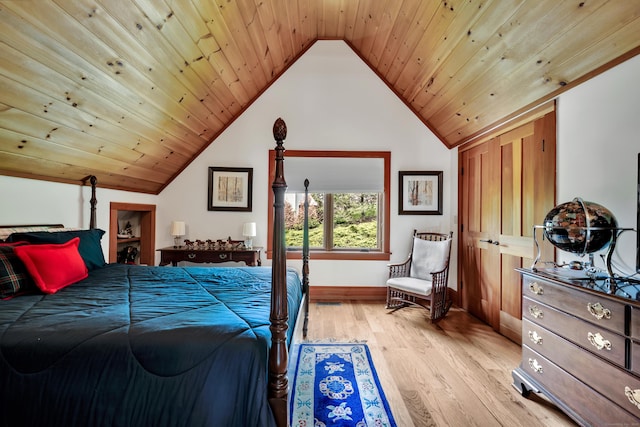 218 Kuhne Rd, Southbury, CT 06488 - bedroom with vaulted ceiling, light wood-style flooring, baseboards, and wood ceiling