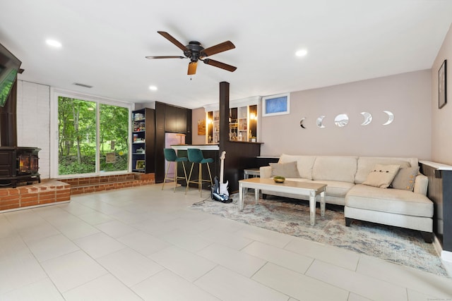 35 Old Acres Rd, East Haddam, CT 06469 - living room with a wood stove, ceiling fan, and recessed lighting