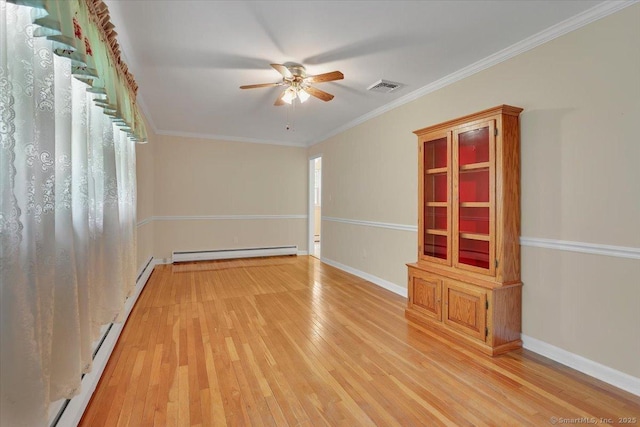 166 Mine Rd, Bristol, CT 06010 - unfurnished room featuring a baseboard heating unit, light wood finished floors, ceiling fan, crown molding, and baseboards