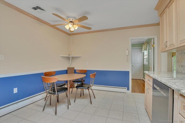166 Mine Rd, Bristol, CT 06010 - dining area featuring baseboard heating, crown molding, a ceiling fan, and baseboards