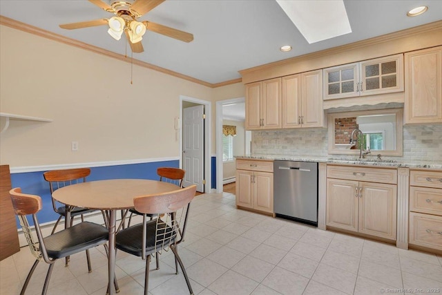 166 Mine Rd, Bristol, CT 06010 - kitchen featuring stainless steel dishwasher, a sink, decorative backsplash, light brown cabinets, and ornamental molding