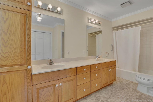 166 Mine Rd, Bristol, CT 06010 - bathroom featuring toilet, double vanity, crown molding, and shower / bath combo with shower curtain