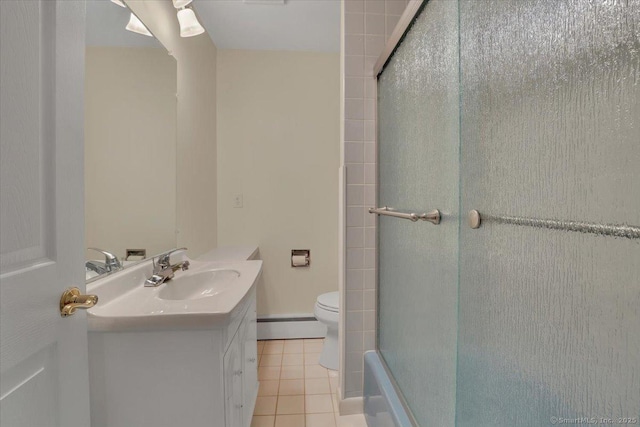 166 Mine Rd, Bristol, CT 06010 - bathroom featuring a baseboard radiator, vanity, toilet, a shower with door, and tile patterned floors