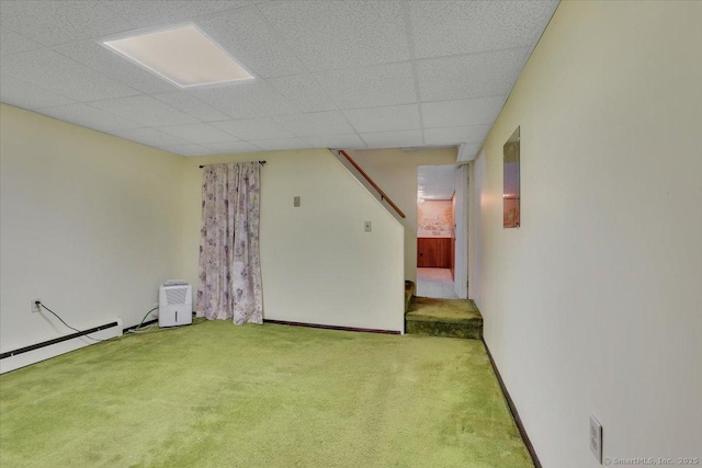 166 Mine Rd, Bristol, CT 06010 - finished basement with carpet flooring, stairs, a baseboard heating unit, and a drop ceiling