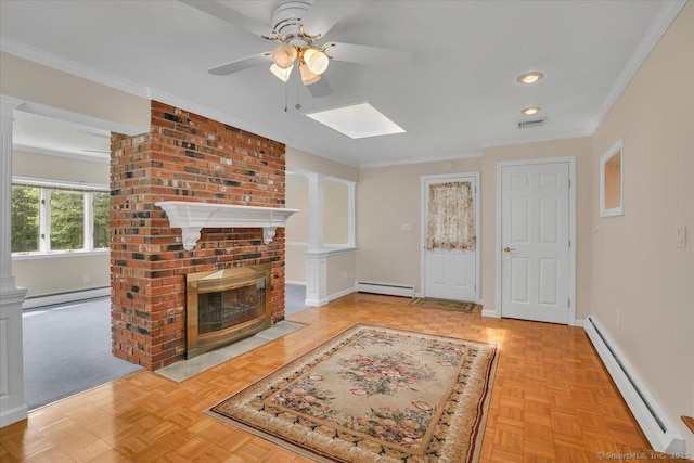 166 Mine Rd, Bristol, CT 06010 - unfurnished living room featuring baseboard heating, a baseboard radiator, a ceiling fan, baseboards, and ornamental molding
