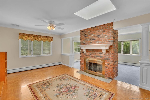 166 Mine Rd, Bristol, CT 06010 - unfurnished living room with baseboard heating, a ceiling fan, ornate columns, and crown molding