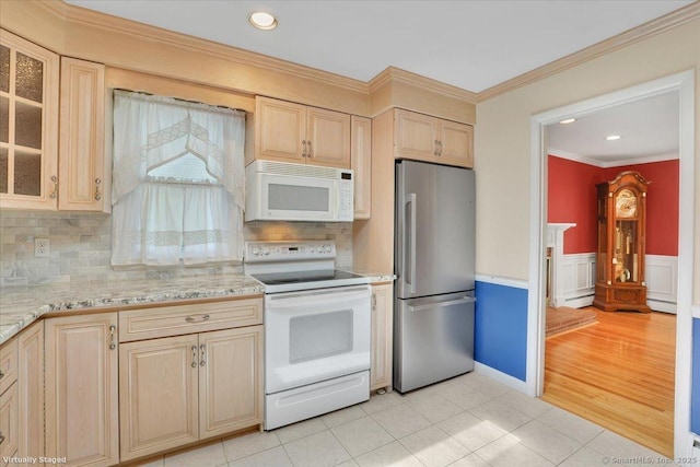 166 Mine Rd, Bristol, CT 06010 - kitchen with white appliances, light brown cabinets, ornamental molding, light tile patterned flooring, and glass insert cabinets