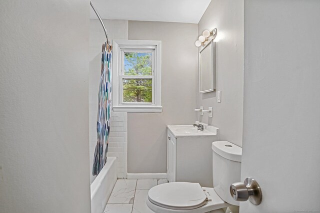 9 Marlin Dr, Norwalk, CT 06854 - bathroom featuring toilet, marble look tiles, vanity, shower / bathtub combination with curtain, and baseboards