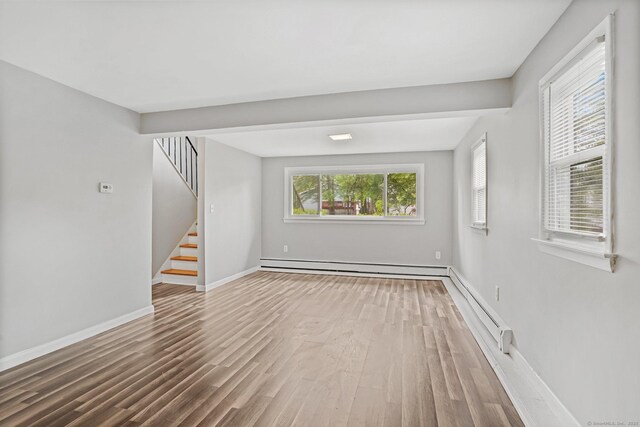 9 Marlin Dr, Norwalk, CT 06854 - empty room with wood finished floors, baseboard heating, stairs, and baseboards