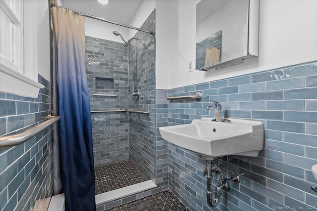 8 Academy St, New Haven, CT 06511 - full bath with tile walls, a stall shower, wainscoting, and a sink