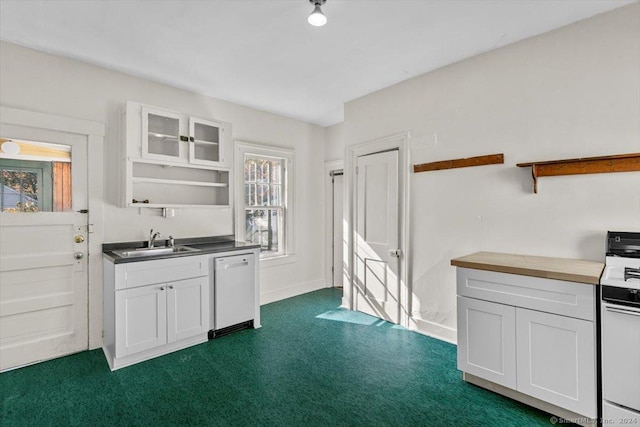 8 Academy St, New Haven, CT 06511 - kitchen with open shelves, a sink, white appliances, white cabinets, and dark carpet