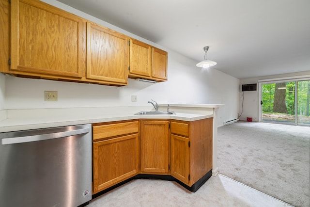 20 E Pembroke Rd Unit 55, Danbury, CT 06811 - kitchen with dishwasher, a sink, baseboard heating, light countertops, and light carpet