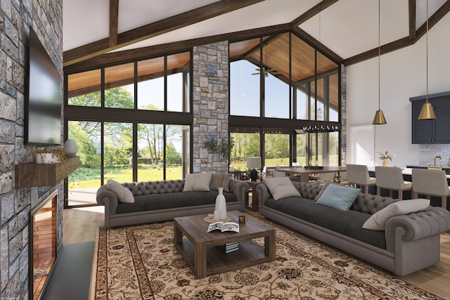000 Joy Rd, Woodstock, CT 06281 - living area featuring high vaulted ceiling, wood finished floors, beam ceiling, a stone fireplace, and plenty of natural light