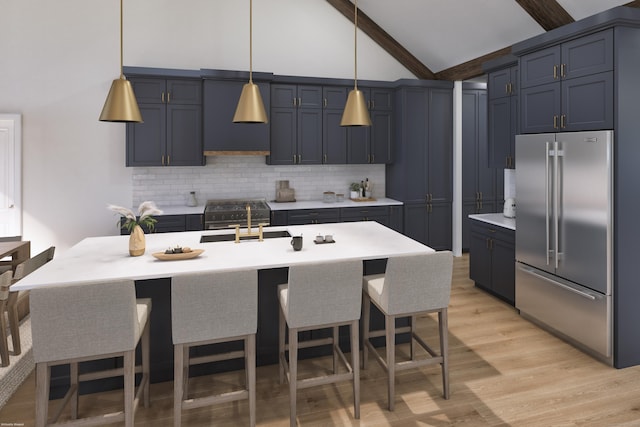 000 Joy Rd, Woodstock, CT 06281 - kitchen featuring high end refrigerator, light wood-type flooring, light countertops, blue cabinets, and backsplash