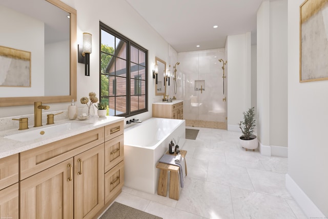 000 Joy Rd, Woodstock, CT 06281 - bathroom with vanity, a shower stall, a freestanding bath, tile patterned flooring, and recessed lighting