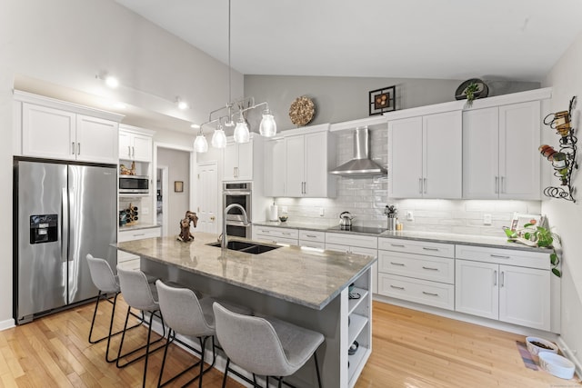 403 Mulligan Dr Unit 403, Oxford, CT 06478 - kitchen with stainless steel appliances, wall chimney exhaust hood, lofted ceiling, a sink, and open shelves